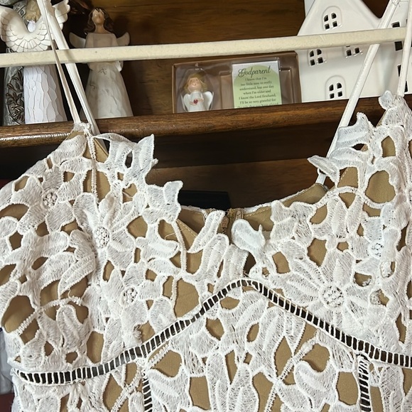 SANS SOUCI White/Tan Eyelet Detail Dress w/Spaghetti Straps, Sz Small, GUC. - Picture 4 of 11